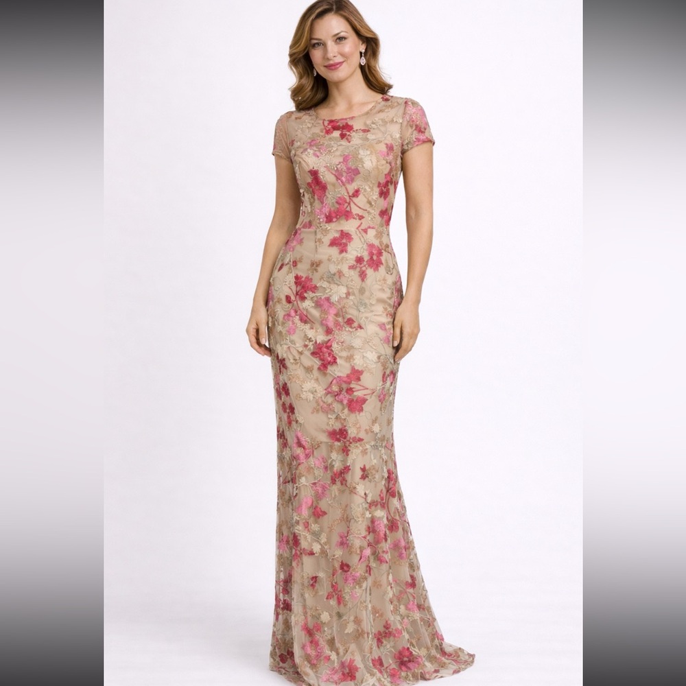David Meister embellished cap sleeve floral, long gown
